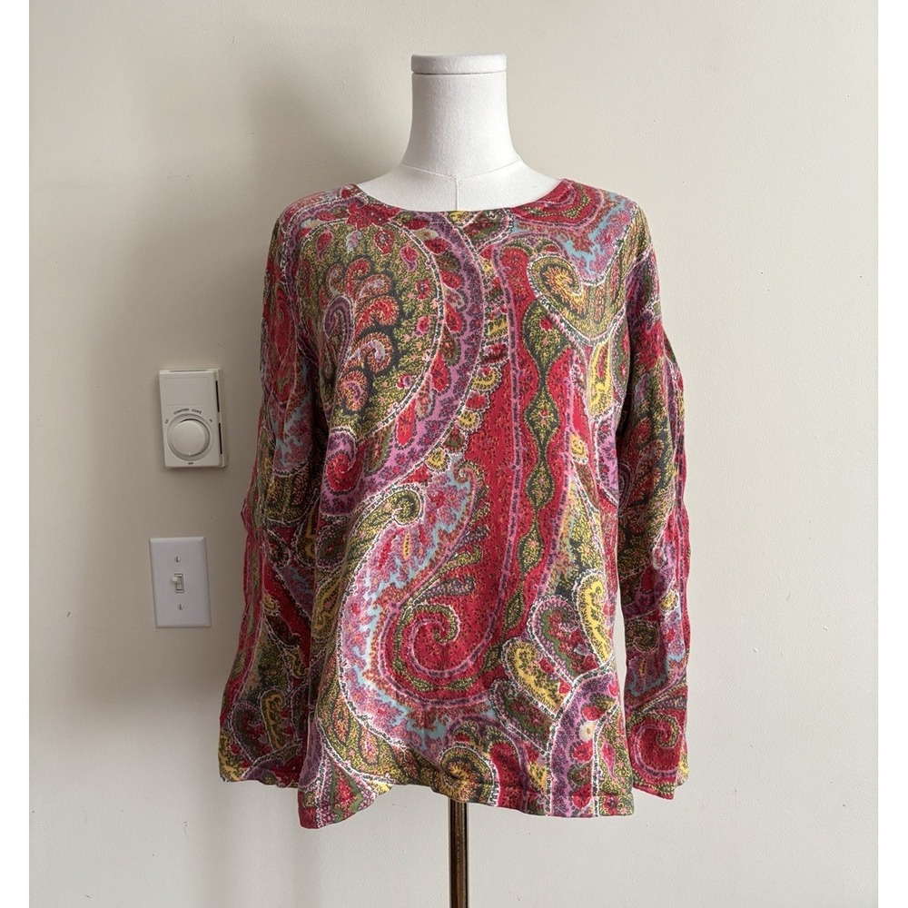 Talbots Womens Medium Thick Knit Top Paisley Floral Rainbow 100% Cotton Preppy